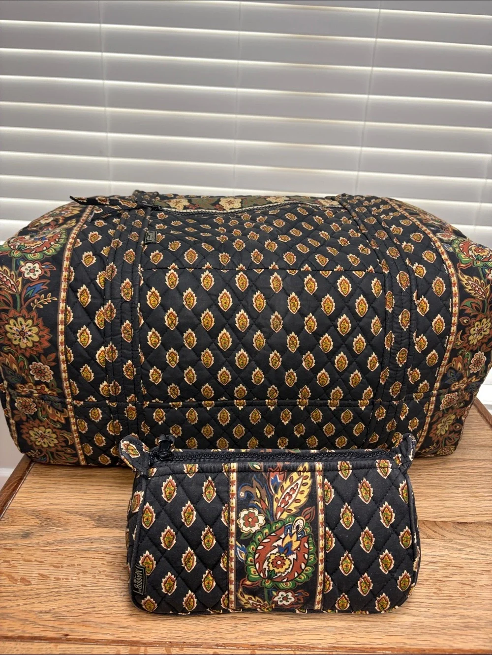 MaggiB Black XL Quilted Travel Duffel Bag with Matching Cosmetic Case